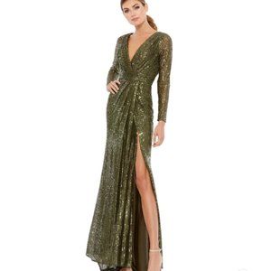 SEQUINED LONG SLEEVE GOWN Olive Green Size 6 New With Tags